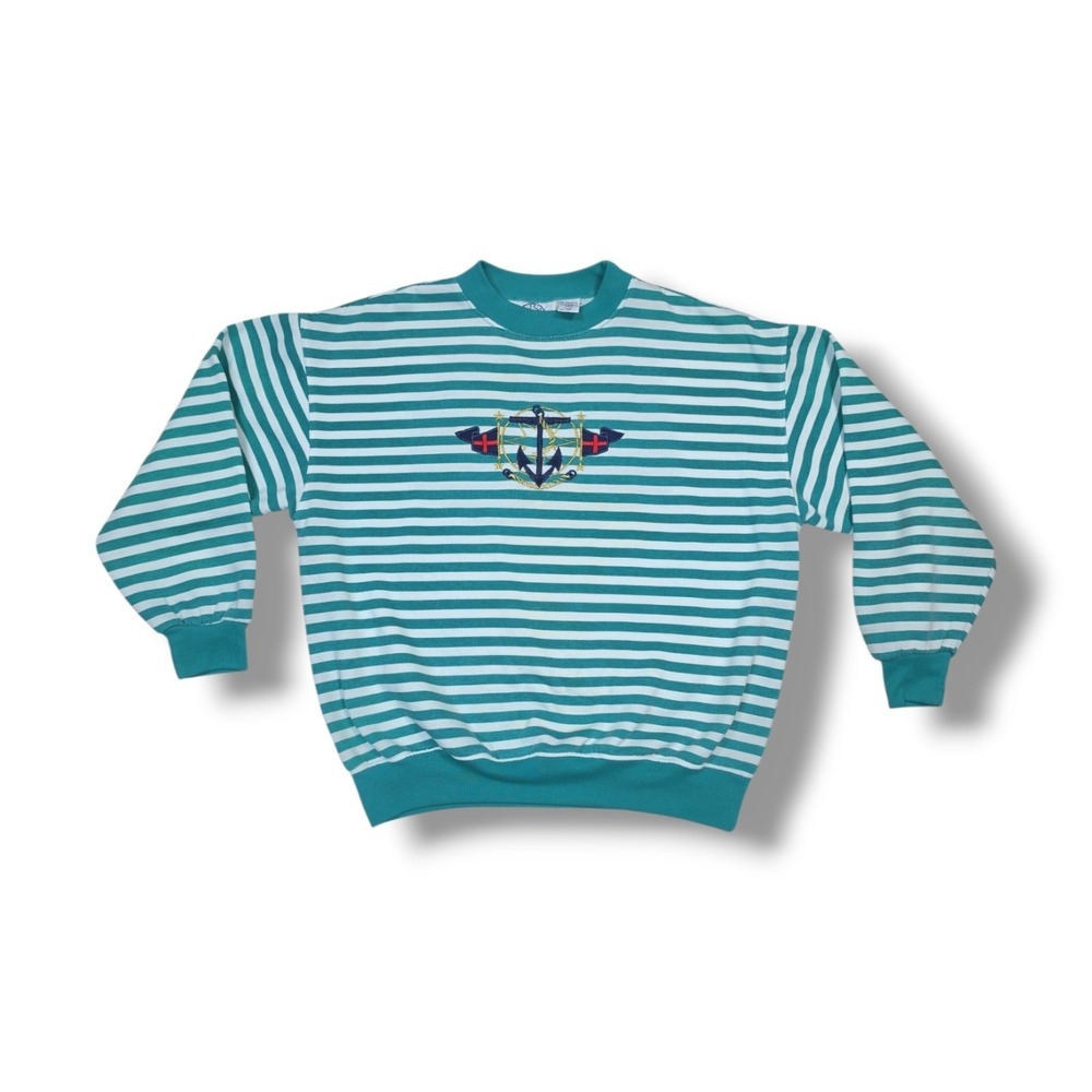 Vintage E-B Sport Embroidered Green & White Striped Sweatshirt Women's Size MP